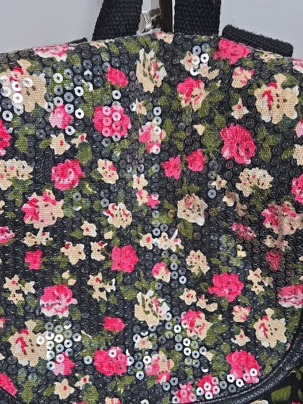 Candies Y2K Floral Sequin Backpack - Black with Pink & Cream Flowers Large - Picture 2 of 10
